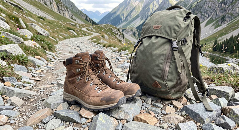 Para brązowych skórzanych butów trekkingowych na skalistym szlaku górskim, obok plecak.